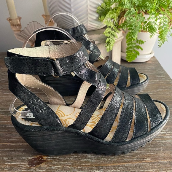 Fly London Shoes - FLY LONDON Yeba Black Suede Ankle Strap Wedges Shoes Womens EU38 US‎ 7.5 - 8